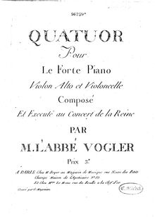 Partition viole de gambe, Piano quatuor en E-flat major, 1781, Quatuor pour le piano, violon, alto et violoncelle. Compose et execute au concert de la Reine
