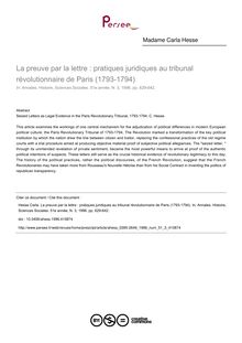 La preuve par la lettre : pratiques juridiques au tribunal révolutionnaire de Paris (1793-1794) - article ; n°3 ; vol.51, pg 629-642