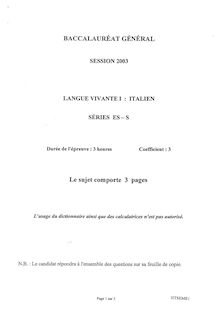 Italien LV1 2003 Sciences Economiques et Sociales Baccalauréat général