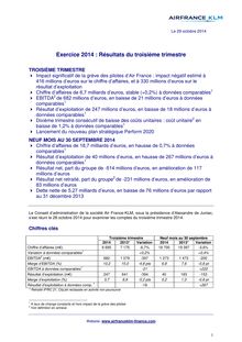 Air France - Exercice 2014 : Résultats du troisième trimestre