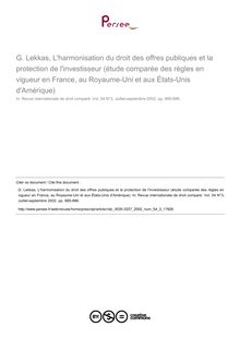 G. Lekkas, L harmonisation du droit des offres publiques et la protection de l investisseur (étude comparée des règles en vigueur en France, au Royaume-Uni et aux États-Unis d Amérique) - note biblio ; n°3 ; vol.54, pg 885-886