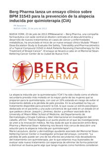 Berg Pharma lanza un ensayo clínico sobre BPM 31543 para la prevención de la alopecia inducida por quimioterapia (CIA)