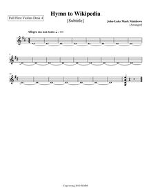Partition violons I, Desk 4, Hymn to Wikipedia, D major, Matthews, John-Luke Mark