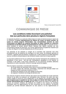 Communiqué de presse du Ministère de l Ecologie, du Développement Durable et de l Energie : Les conditions météo favorisent une pollution  due aux particules dans plusieurs régions françaises