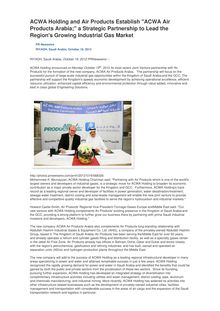 ACWA Holding and Air Products Establish "ACWA Air Products Arabia;" a Strategic Partnership to Lead the Region s Growing Industrial Gas Market