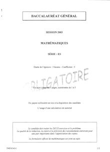 Mathématiques 2003 Sciences Economiques et Sociales Baccalauréat général