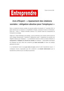 Avis d Expert : « Apaisement des relations sociales : obligation absolue pour l employeur »