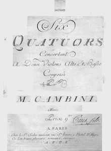 Partition violon 2, 6 corde quatuors, Op.16, T.55-60, Cambini, Giuseppe Maria