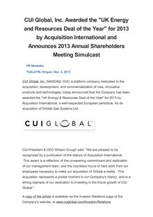 CUI Global, Inc. Awarded the "UK Energy and Resources Deal of the Year" for 2013 by Acquisition International and Announces 2013 Annual Shareholders Meeting Simulcast