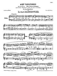 Partition complète, 8 Variations on  Une fièvre brûlante  from pour opéra  Richard Cœur de Lion  by Grétry WoO 72 par Ludwig van Beethoven