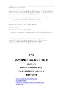 The Continental Monthly , Vol. 2 No. 5,  November 1862 - Devoted to Literature and National Policy