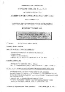 QCM Compréhension d un texte scientifique 2001 Institut d Orthophonie Gabriel Decroix Université Lille 2