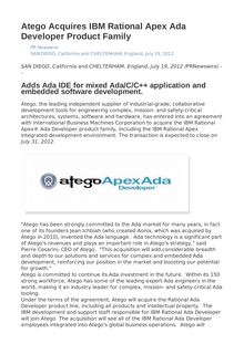 Atego Acquires IBM Rational Apex Ada Developer Product Family