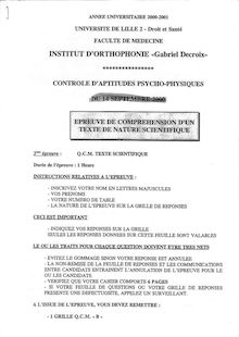 QCM Compréhension d un texte scientifique 2000 Institut d Orthophonie Gabriel Decroix Université Lille 2