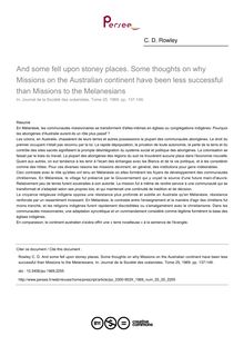 And some fell upon stoney places. Some thoughts on why Missions on the Australian continent have been less successful than Missions to the Melanesians - article ; n°25 ; vol.25, pg 137-149