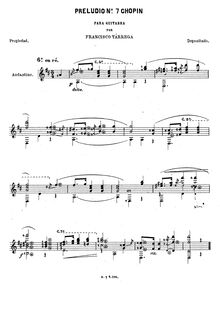 Partition complète, Prelude No.7 after Chopin, D major, Tárrega, Francisco