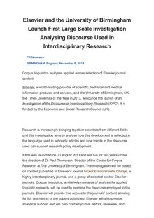 Elsevier and the University of Birmingham Launch First Large Scale Investigation Analysing Discourse Used in Interdisciplinary Research