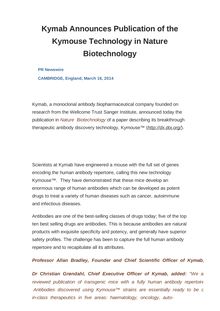 Kymab Announces Publication of the Kymouse Technology in Nature Biotechnology