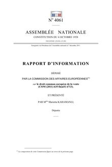 Rapport d information déposé par la commission des affaires européennes sur le droit commun européen de la vente (COM (2011) 635 final/E 6713)