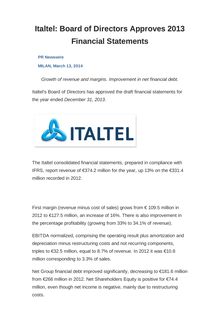 Italtel: Board of Directors Approves 2013 Financial Statements