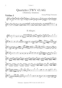 Partition cordes (violons I, violons II, violons III (=altos), altos, violoncelles/Basses), Quartetto en A major, TWV 43:A6