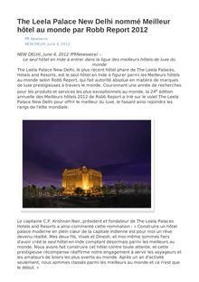 The Leela Palace New Delhi nommé Meilleur hôtel au monde par Robb Report 2012