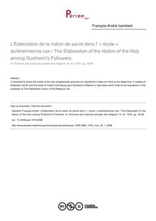 L Elaboration de la notion de sacré dans l  « école » durkheimienne cas / The Elaboration of the Notion of the Holy among Durkheim s Followers. - article ; n°1 ; vol.42, pg 35-56