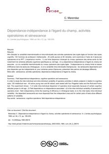 Dépendance-indépendance à l égard du champ, activités opératoires et sénescence - article ; n°2 ; vol.84, pg 185-205