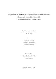 Mechanisms of salt tolerance [Elektronische Ressource] : sodium, chloride and potassium homeostasis in two rice lines with different tolerance to salinity stress / presented by Calliste Jérémie Diédhiou