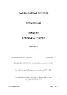 Sujet de l épreuve anticipée de français du baccalauréat 2012 (1ères ES-S)
