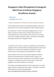 Singapore s Best Recognised at Inaugural 2013 Frost & Sullivan Singapore Excellence Awards