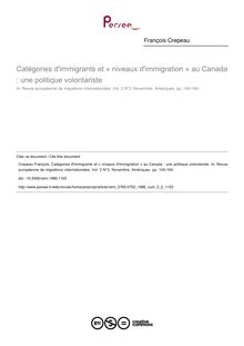 Catégories d immigrants et « niveaux d immigration » au Canada : une politique volontariste - article ; n°2 ; vol.2, pg 145-164