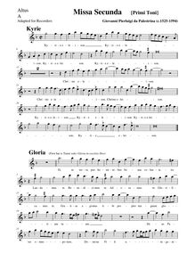 Partition Alto enregistrement , Missa - Primi Toni, G minor, Palestrina, Giovanni Pierluigi da