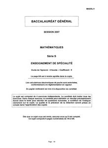 Sujet du bac S 2007: Mathématique Spécialité