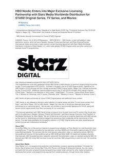 HBO Nordic Enters into Major Exclusive Licensing Partnership with Starz Media Worldwide Distribution for STARZ Original Series, TV Series, and Movies