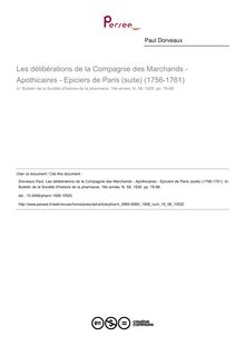 Les délibérations de la Compagnie des Marchands - Apothicaires - Epiciers de Paris (suite) (1756-1761) - article ; n°58 ; vol.16, pg 79-88