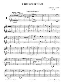 Partition cor 1/2 (D, E, F), violon Concerto No.3, B minor, Saint-Saëns, Camille