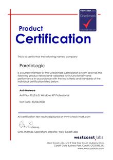 ParetoLogic Anti-Virus PLUS - West Coast Labs Certification