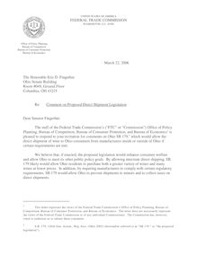 FTC Staff Comment to The Honorable Eric D. Fingerhut Concerning Ohio S.B. 179 to Allow Direct Shipment