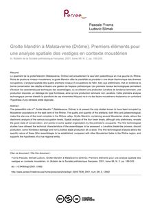 Grotte Mandrin à Malataverne (Drôme). Premiers éléments pour une analyse spatiale des vestiges en contexte moustérien - article ; n°2 ; vol.98, pg 189-205