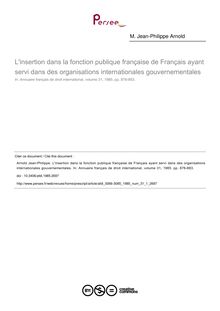 L insertion dans la fonction publique française de Français ayant servi dans des organisations internationales gouvernementales - article ; n°1 ; vol.31, pg 876-883