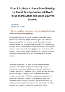 Frost & Sullivan: Chinese Firms Entering the Global Smartphone Market Should Focus on Innovation and Brand Equity to Succeed