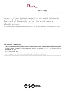 Aspects géographiques des migrations internes récentes et de la dynamique démographique des minorités ethniques en Grande Bretagne - article ; n°1 ; vol.15, pg 39-75