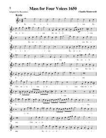 Partition ténor enregistrement , Mass pour Four voix, G minor, Monteverdi, Claudio