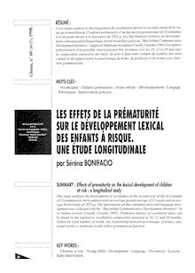 BONIFACIO S., 1998, Les effets de  la prématurité - г