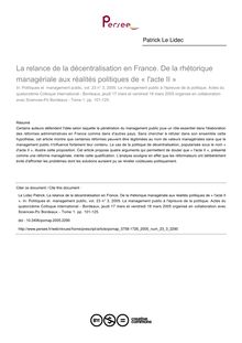 La relance de la décentralisation en France. De la rhétorique managériale aux réalités politiques de « l acte II » - article ; n°3 ; vol.23, pg 101-125