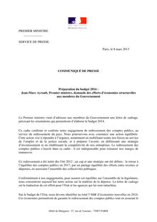Communiqué de presse: Jean-Marc Ayrault - Préparation du budget 2014 : 08/03/2013