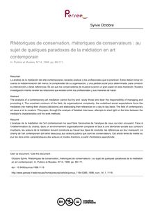 Rhétoriques de conservation, rhétoriques de conservateurs : au sujet de quelques paradoxes de la médiation en art contemporain - article ; n°1 ; vol.14, pg 89-111
