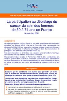 La participation au dépistage du cancer du sein des femmes de 50 à 74 ans en France - Fiche de synthèse - 4 pages - Participation depistage cancer du sein