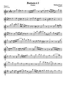 Partition ténor viole de gambe 1, octave aigu clef, fantaisies pour 5 violes de gambe par Michael East par Michael East
